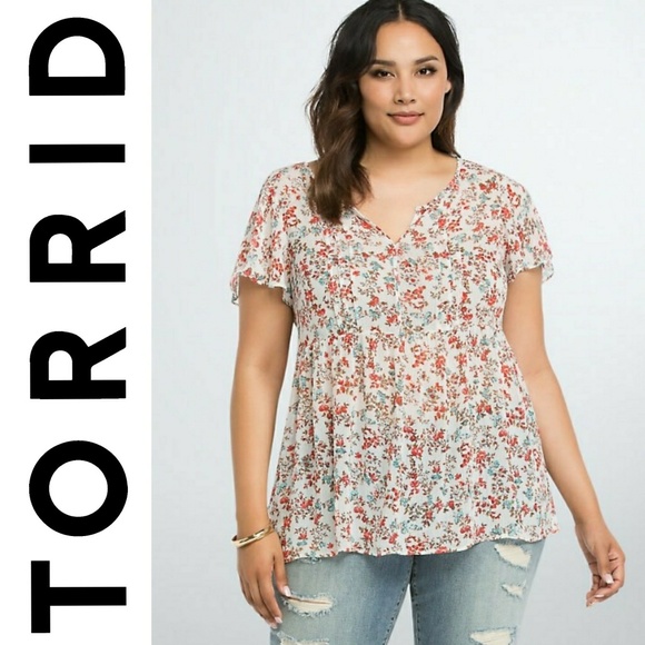 torrid Tops - Torrid Floral Short Sleeve sheer babydoll blouse